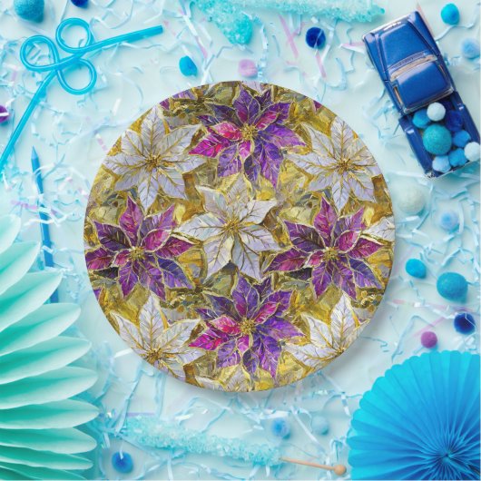 ホワイト金ゴールドパープルピンククリスマスポインセチア ペーパープレート (パーティー)