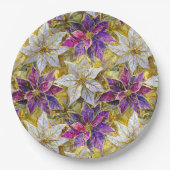 ホワイト金ゴールドパープルピンククリスマスポインセチア ペーパープレート (正面)