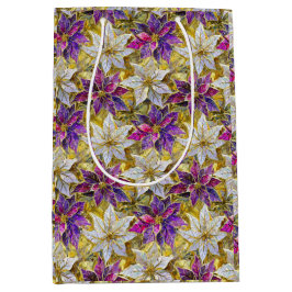 ホワイト金ゴールドパープルピンククリスマスポインセチア ミディアムペーパーバッグ