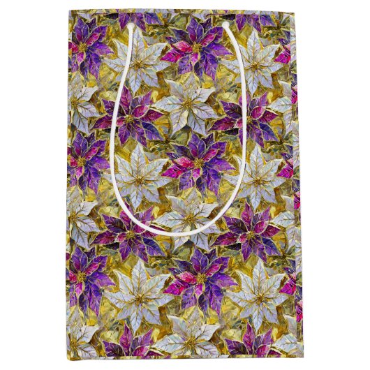 ホワイト金ゴールドパープルピンククリスマスポインセチア ミディアムペーパーバッグ (正面)