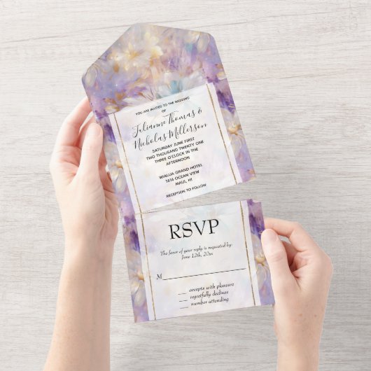 ホワイト金ゴールドパープルブルーフローラ オールインワン招待状 (貼ってはがせる)