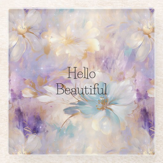 ホワイト金ゴールドパープルブルーフローラ ガラスコースター (正面)