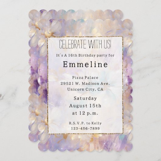 ホワイト金ゴールドパープルブルーフローラ 招待状 (正面/裏面)