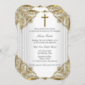 ホワイト金ゴールドパールダマスククロスバプテスマ《キリスト教》洗礼式や命名式 招待状 (正面/裏面)