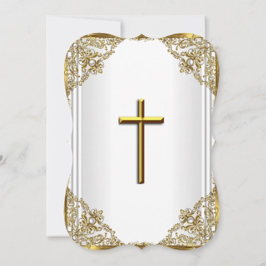 ホワイト金ゴールドパールダマスククロスバプテスマ《キリスト教》洗礼式や命名式 招待状 (裏面)