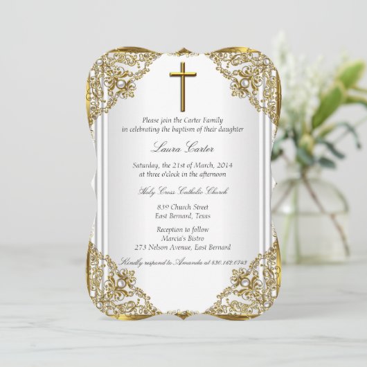 ホワイト金ゴールドパールダマスククロスバプテスマ《キリスト教》洗礼式や命名式 招待状 (スタンド正面)