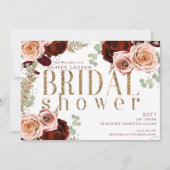 ホワイト金ゴールドピンクブルゴーニュバラブライダルシャワー 招待状 (正面)