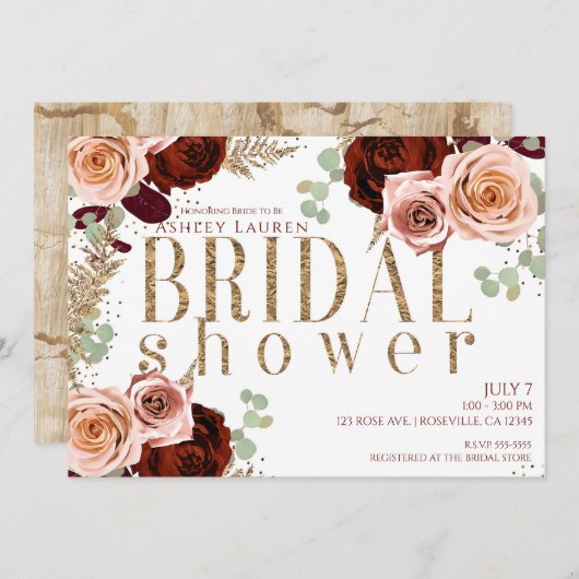 ホワイト金ゴールドピンクブルゴーニュバラブライダルシャワー 招待状 (正面/裏面)