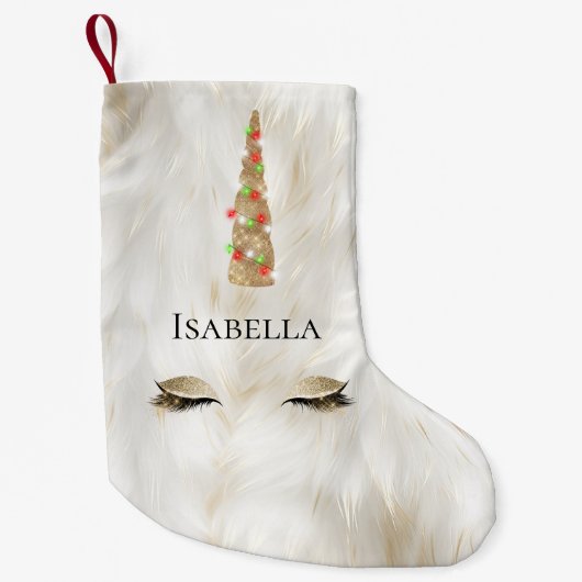 ホワイト金ゴールドファースパークルグラムユニコーンライト スモールクリスマスストッキング (正面)