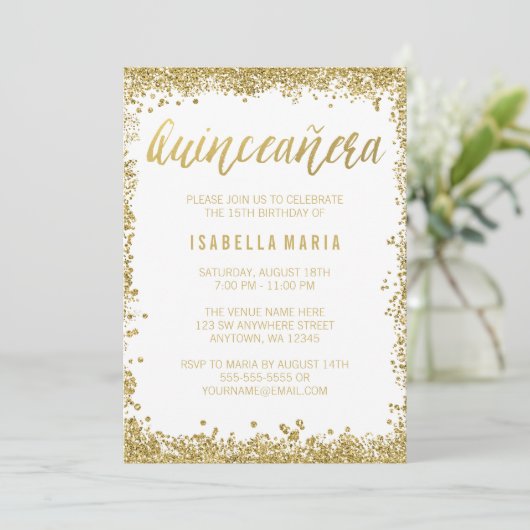ホワイト金ゴールドフェイクグリッターキンセアニェラ15誕生日 招待状 (スタンド正面)