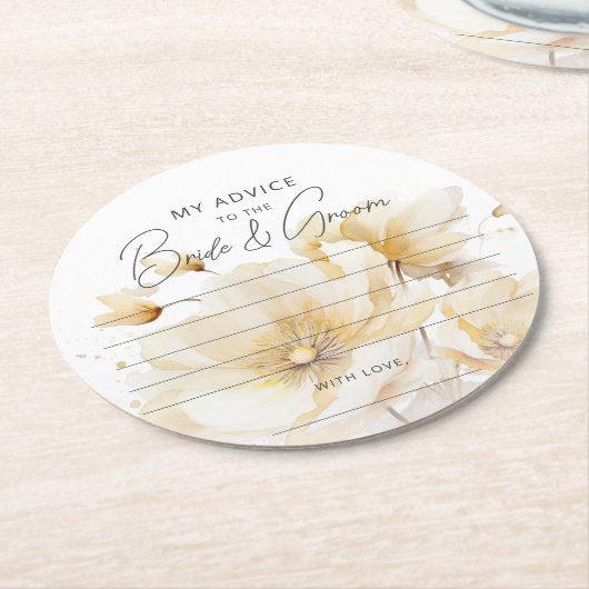 ホワイト金ゴールドフラワーアドバイス新郎新婦お願い ラウンドペーパーコースター (アングル)