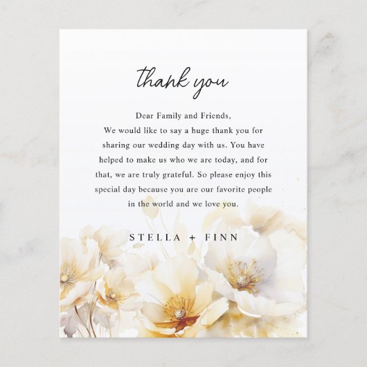 ホワイト金ゴールドフラワーサンキューウェディングレセプションカード (正面)