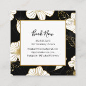 ホワイト金ゴールドフラワーズオンブラックサロン美容師 スクエア名刺 (裏面)