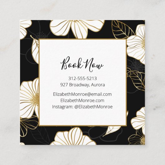 ホワイト金ゴールドフラワーズオンブラックサロン美容師 スクエア名刺 (裏面)
