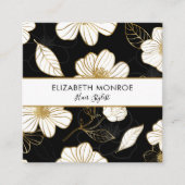 ホワイト金ゴールドフラワーズオンブラックサロン美容師 スクエア名刺 (正面)