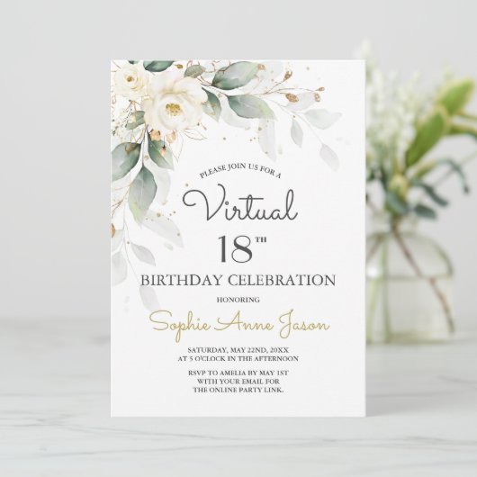 ホワイト金ゴールドフラワーズバーチャル18thバースデーパーティー 招待状 (スタンド正面)