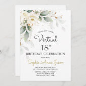 ホワイト金ゴールドフラワーズバーチャル18thバースデーパーティー 招待状 (正面/裏面)