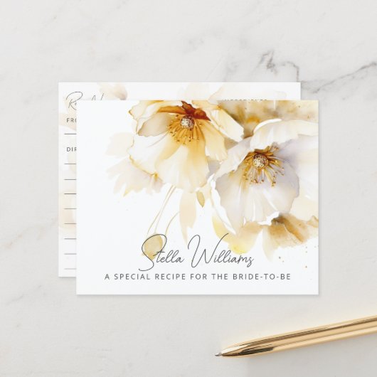ホワイト金ゴールドフラワーブライダルシャワーレシピカード (正面/裏面インサイチュ)