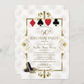 ホワイト金ゴールドフルーアデリスカジノベガストランプのポーカー誕生日 招待状 (正面/裏面)
