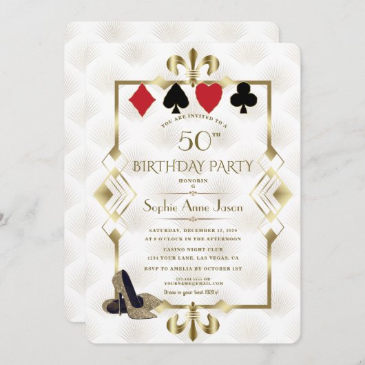 ホワイト金ゴールドフルーアデリスカジノベガストランプのポーカー誕生日 招待状 (正面/裏面)