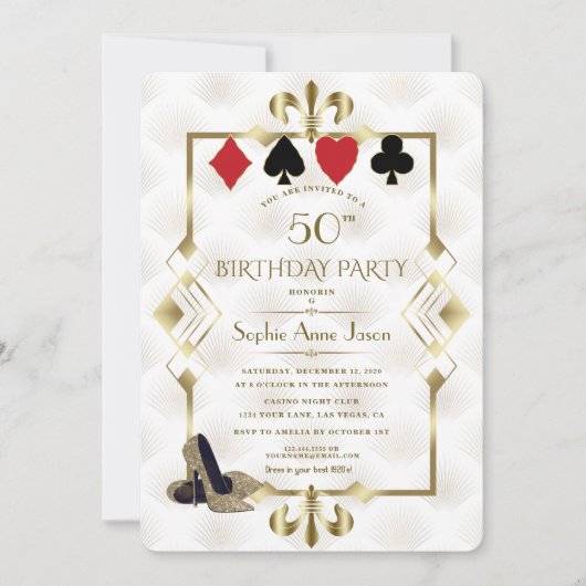 ホワイト金ゴールドフルーアデリスカジノベガストランプのポーカー誕生日 招待状 (正面)