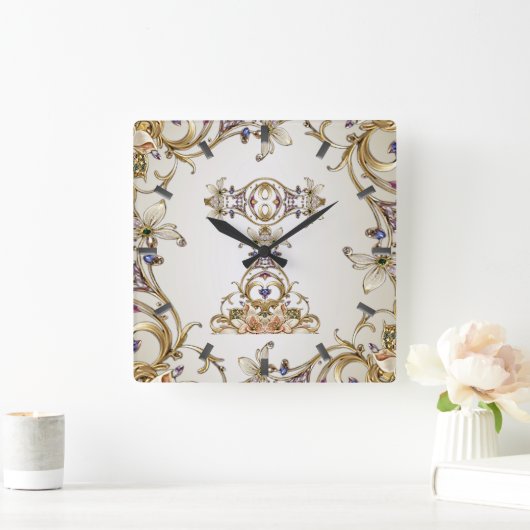 ホワイト金ゴールドフローラウォールクロック スクエア壁時計 (ホーム)