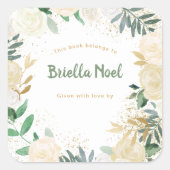 ホワイト金ゴールドフローラガールベビーシャワー蔵書票 スクエアシール (正面)