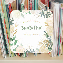 ホワイト金ゴールドフローラガールベビーシャワー蔵書票 スクエアシール