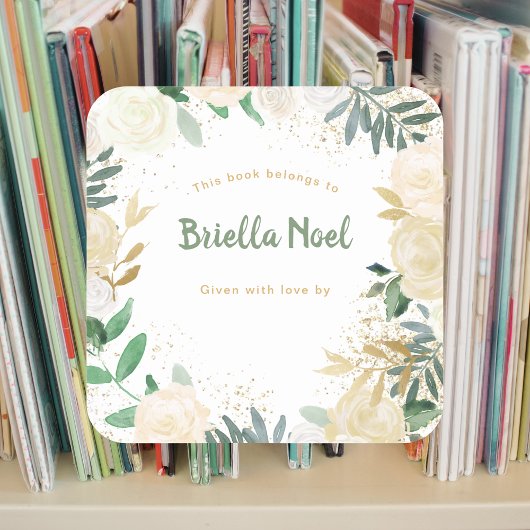 ホワイト金ゴールドフローラガールベビーシャワー蔵書票 スクエアシール