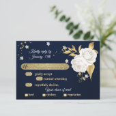 ホワイト金ゴールドフローラネイビーブルーミール選択RSVPカード 出欠カード (スタンド正面)