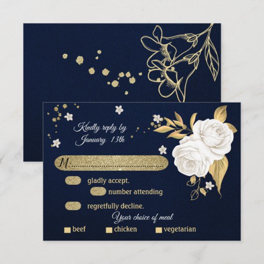 ホワイト金ゴールドフローラネイビーブルーミール選択RSVPカード 出欠カード (正面/裏面)