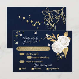 ホワイト金ゴールドフローラネイビーブルーミール選択RSVPカード 出欠カード