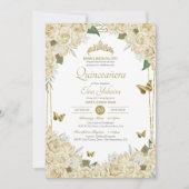 ホワイト金ゴールドフローラバタフライクリームバラキンセアニェラ 招待状 (正面)