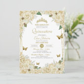 ホワイト金ゴールドフローラバタフライクリームバラキンセアニェラ 招待状 (スタンド正面)