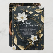 ホワイト金ゴールドフローラリースウェディングレセプションフォト 招待状 (正面/裏面)