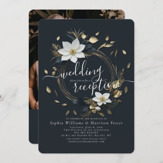 ホワイト金ゴールドフローラリースウェディングレセプションフォト 招待状 (正面/裏面)
