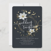 ホワイト金ゴールドフローラリースウェディングレセプションフォト 招待状 (正面)