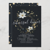 ホワイト金ゴールドフローラ結婚リースのリハーサルディナー 招待状 (正面/裏面)