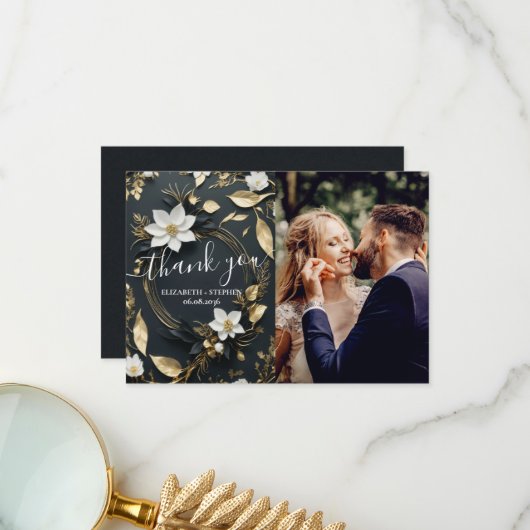 ホワイト金ゴールドフローラ結婚リースの写真ありがとう サンキューカード (正面/裏面インサイチュ)