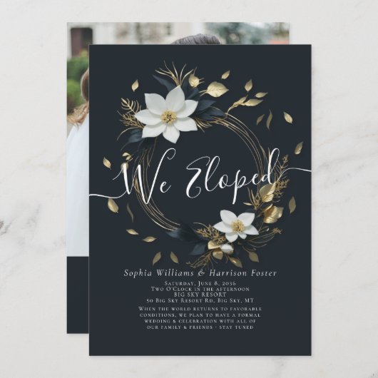 ホワイト金ゴールドフローラ結婚リース写真の駆け落ち 招待状 (正面/裏面)