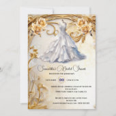 ホワイト金ゴールドブライダルガウンバラ豪華な花 招待状 (正面)