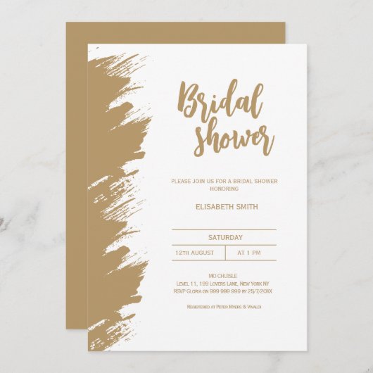 ホワイト金ゴールドブラシストロークブライダルシャワーシック 招待状 (正面/裏面)