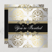 ホワイト金ゴールドブラックダマスクパーティの招待状 招待状 (正面/裏面)