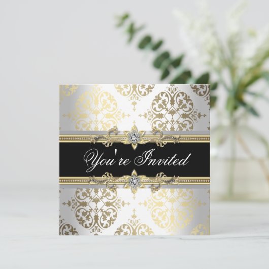 ホワイト金ゴールドブラックダマスクパーティの招待状 招待状 (スタンド正面)