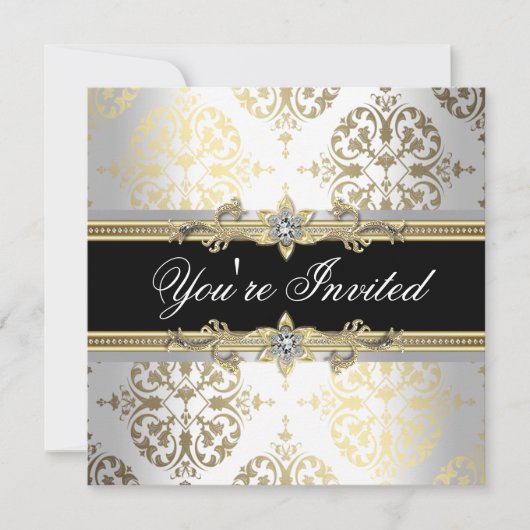ホワイト金ゴールドブラックダマスクパーティの招待状 招待状 (正面)