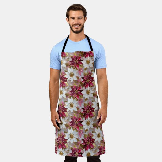 ホワイト金ゴールドブルガンディピンククリスマスポインセチア エプロン (着用した状態)