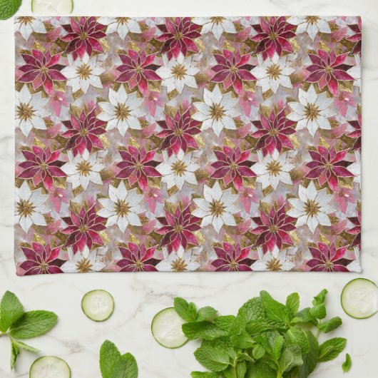 ホワイト金ゴールドブルガンディピンククリスマスポインセチア キッチンタオル (折り畳み)