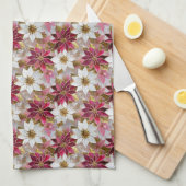 ホワイト金ゴールドブルガンディピンククリスマスポインセチア キッチンタオル (四つ折り)