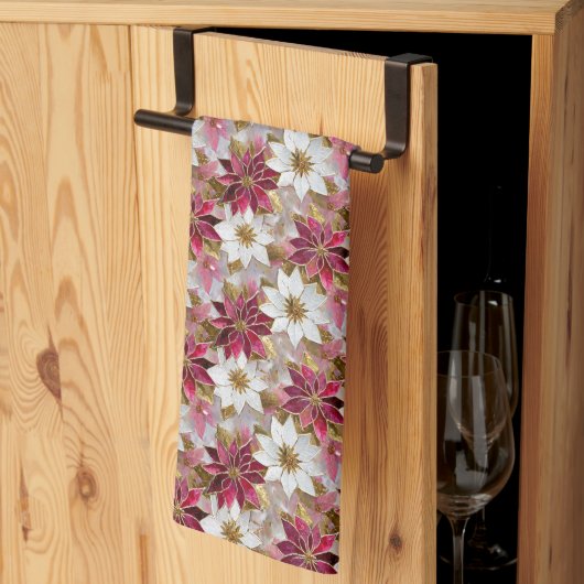 ホワイト金ゴールドブルガンディピンククリスマスポインセチア キッチンタオル (三つ折り)