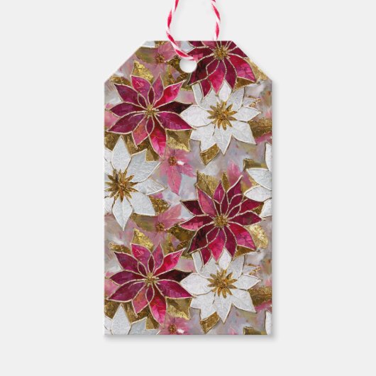 ホワイト金ゴールドブルガンディピンククリスマスポインセチア ギフトタグ (正面)